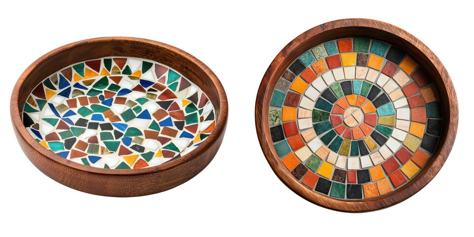 Two Wooden Mosaic trays using many colorful tiles