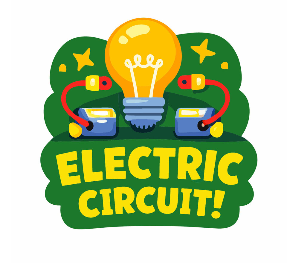 Bright yellow bulb connected to batteries by red wires, with "Electric Circuit!" text in bold letters.