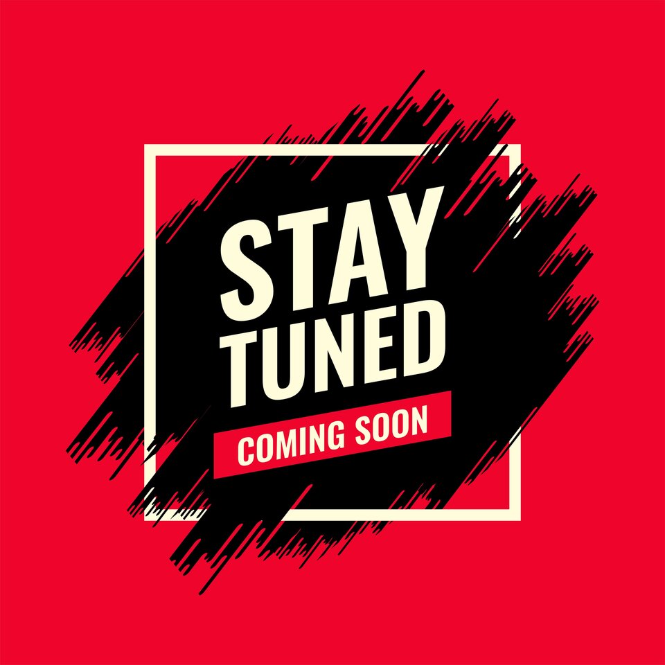 Stay tuned graphic with bold text on a red background.