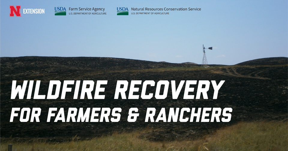 Picture of burnt Sandhills with windmill. Nebraska Extension and USDA logos included.