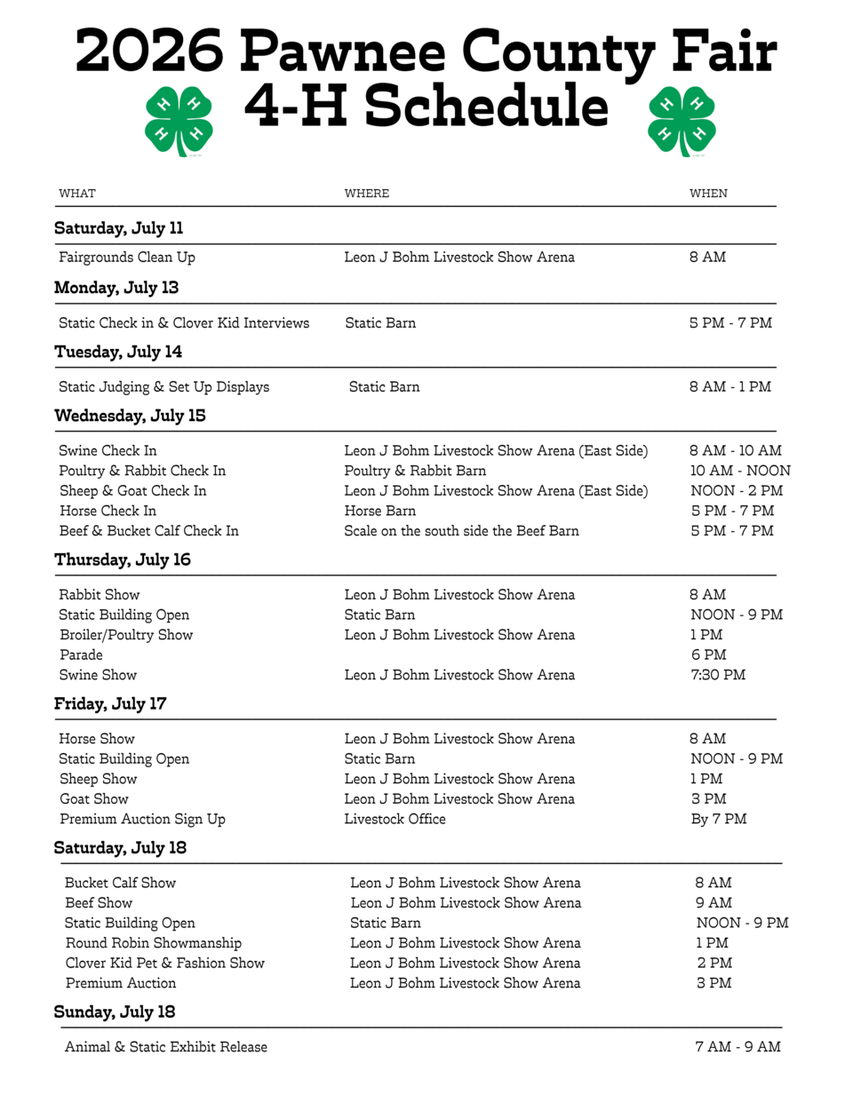 2026 Pawnee County Fair 4-H schedule list with dates, events, locations, and times.