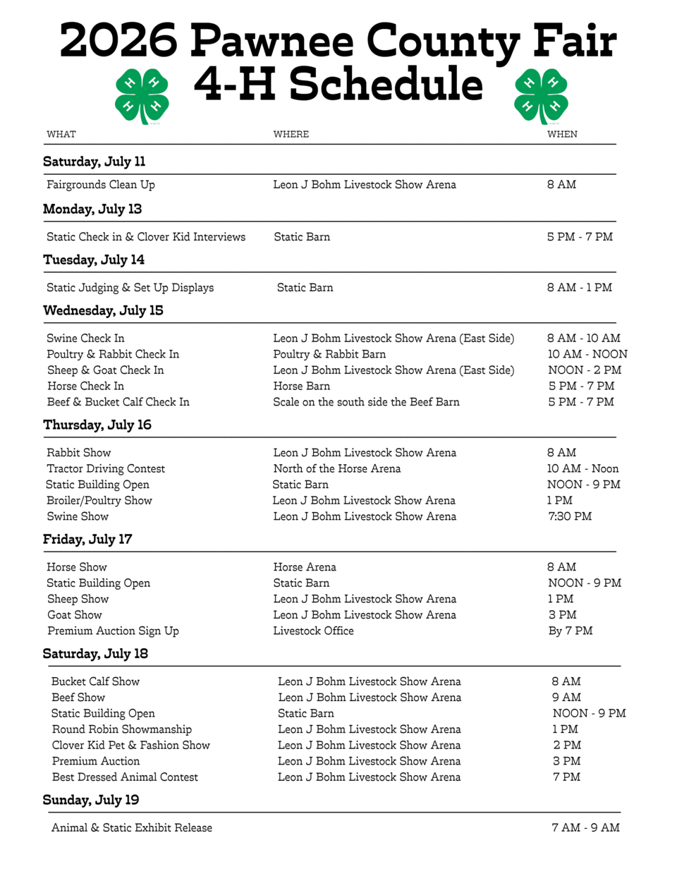 2026 Pawnee County Fair 4-H schedule with event details, locations, and times listed in a table format.