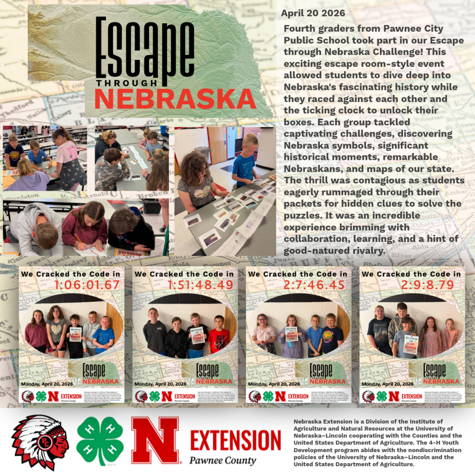 Escape Through Nebraska event flyer with photos of students solving puzzles and learning.