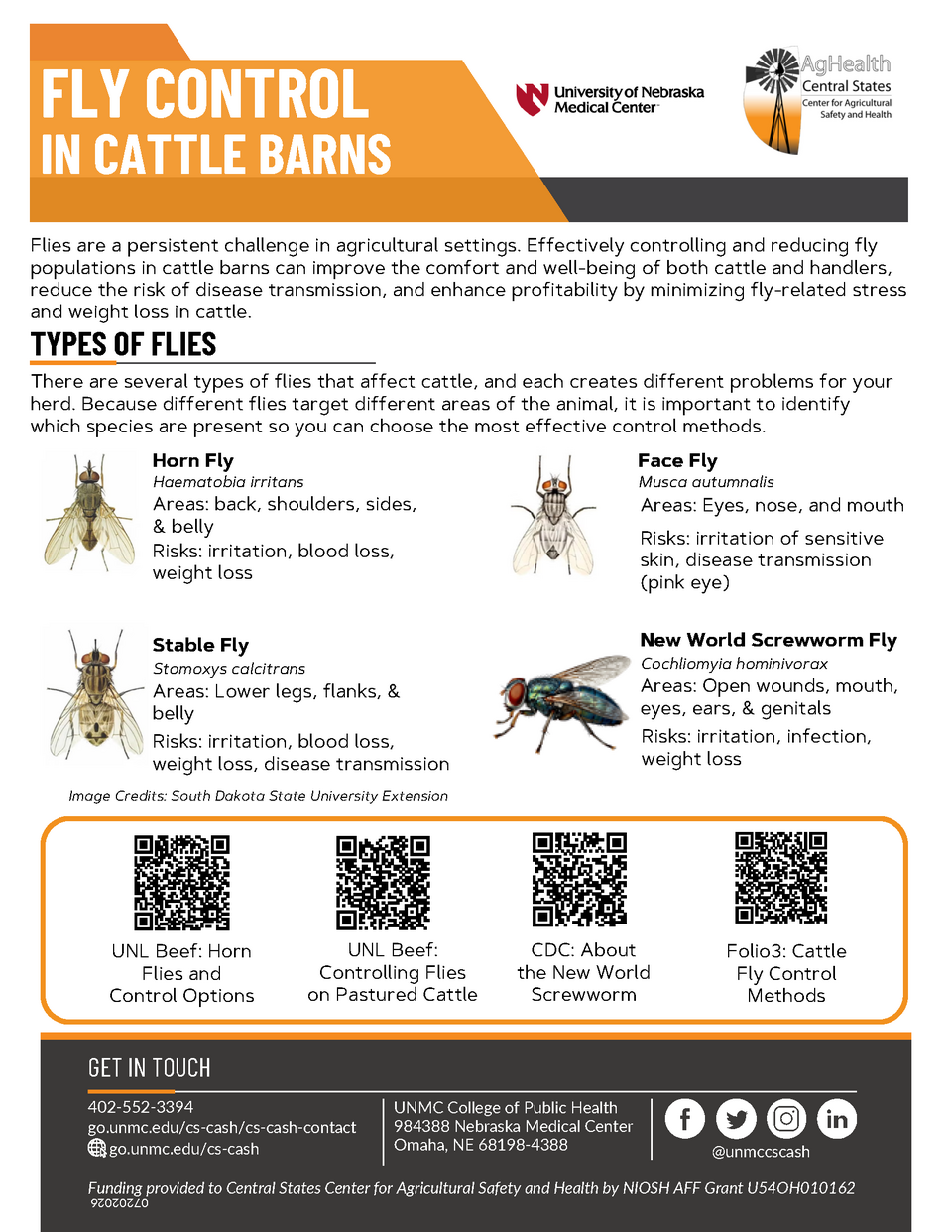 Fly control guide for cattle, listing fly types, effects on cattle, and control resources with QR codes.