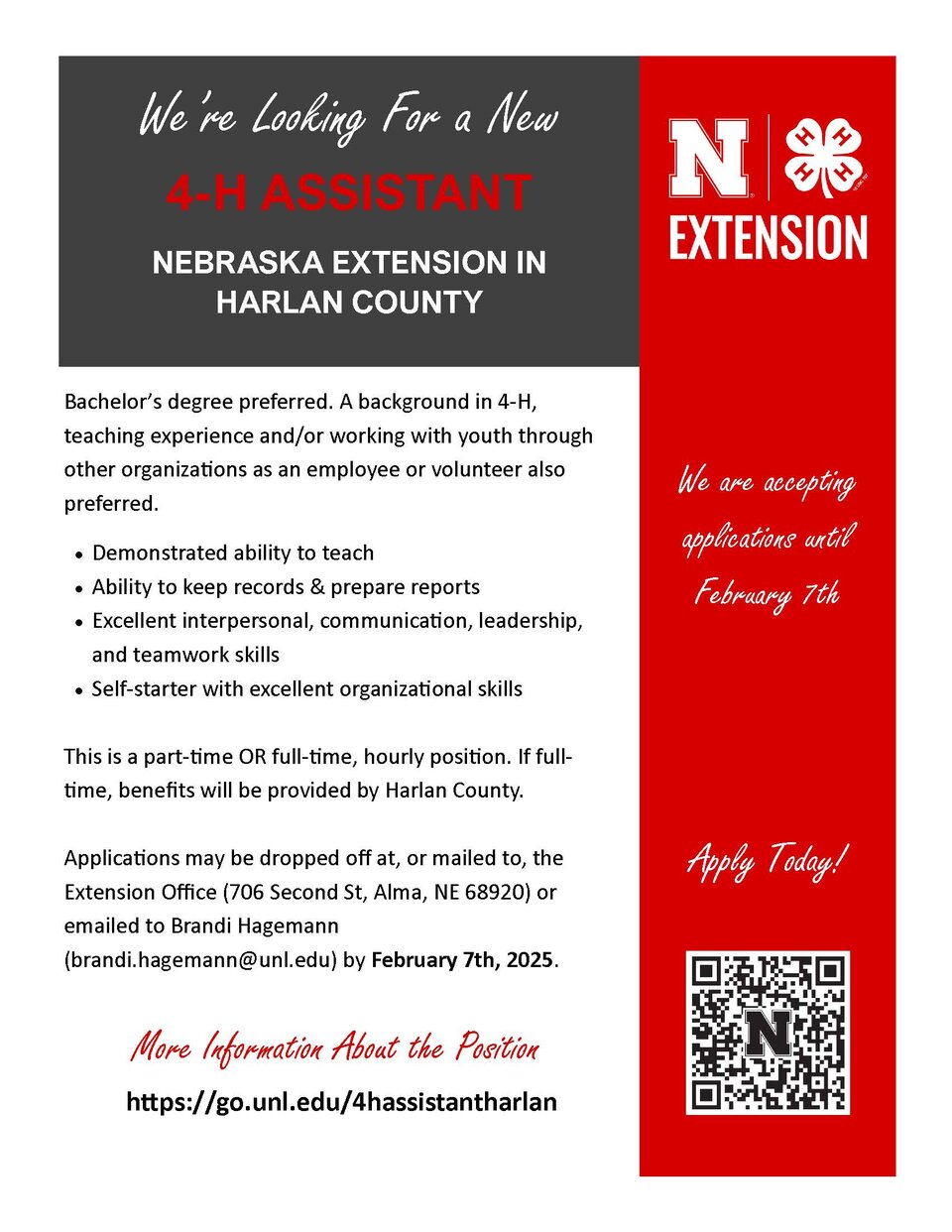 NEBRASKA EXTENSION IN HARLAN COUNTY 4-H ASSISTANT AD