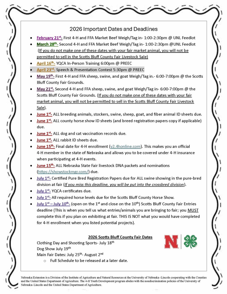 Scotts Bluff Co 4-H 2026 Dates & Deadlines updated 2-13-26
