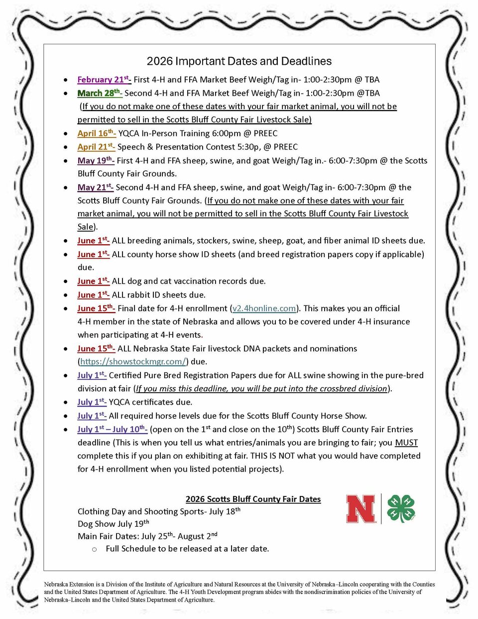 Scotts Bluff County 4-H 2026 Important Dates
