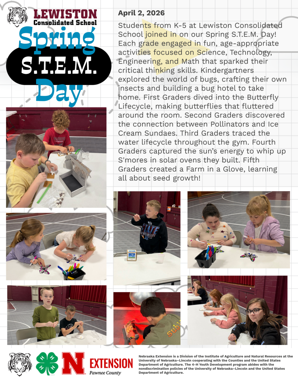 Lewiston School Spring STEM Day flyer with kids doing educational activities and crafting projects.