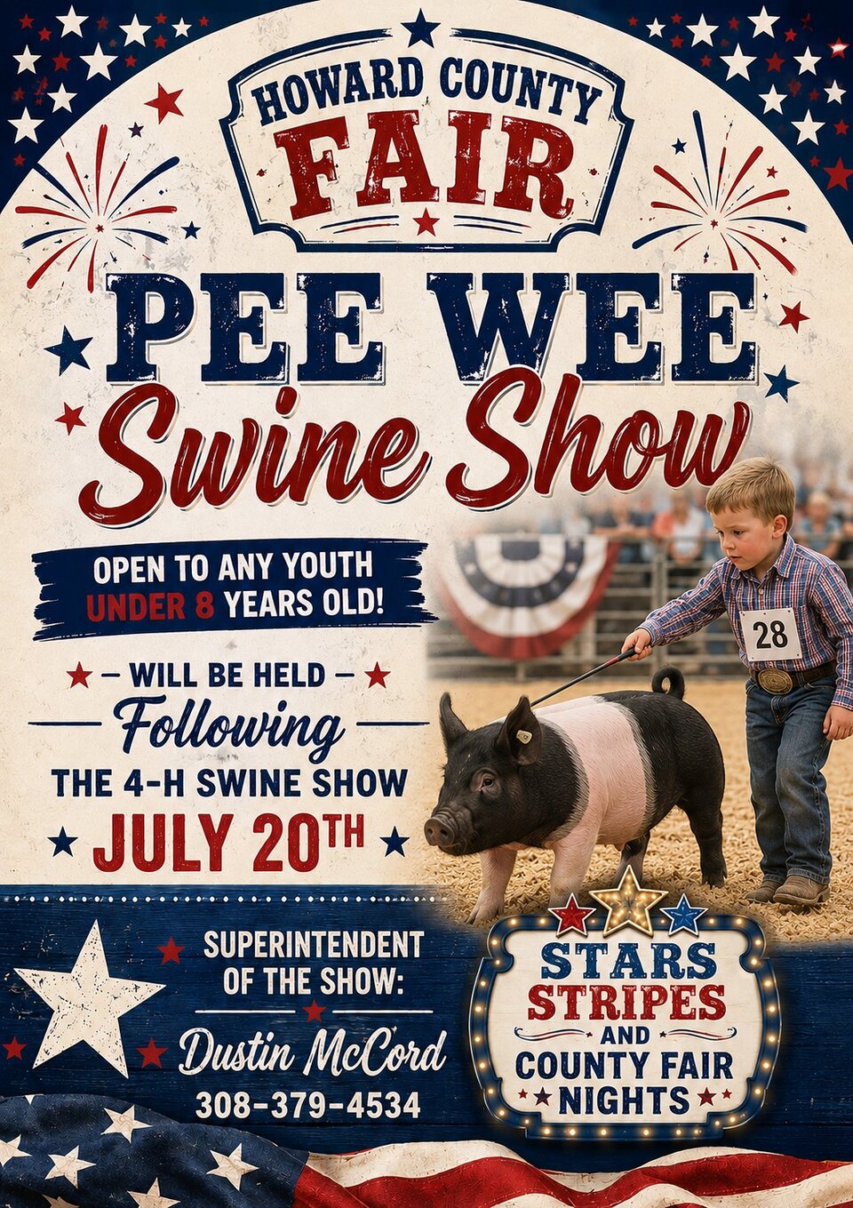 Pee Wee Swine Show poster with stars, red and blue theme, and a child leading a pig in an arena.