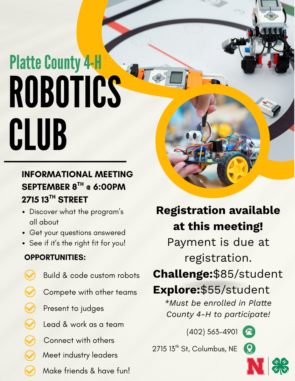 Platte County 4-H Robotics Club flyer with robot models and program details.