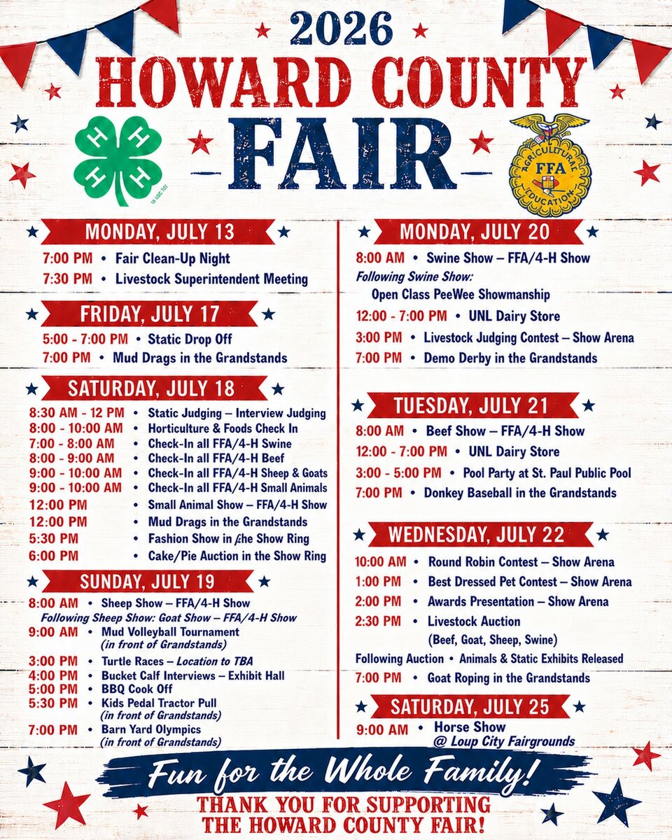 2026 Howard County Fair schedule with events, stars, banners, and 4-H and FFA logos.