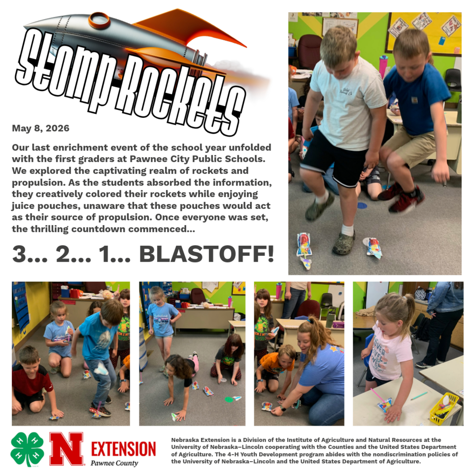 Children energetically launching colorful stomp rockets indoors during an educational activity.
