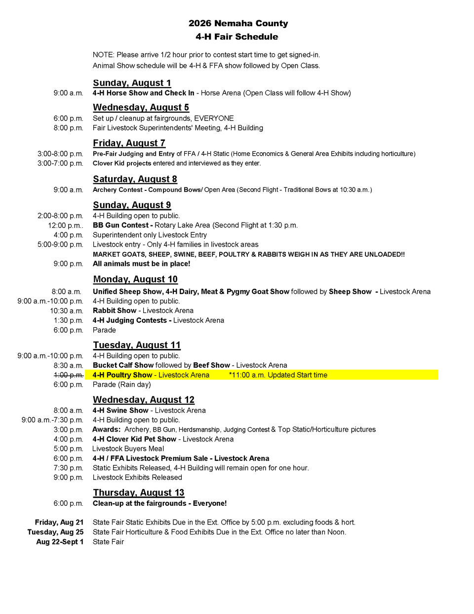 2026 Nemaha County 4-H Fair schedule with event times listed in black text.
