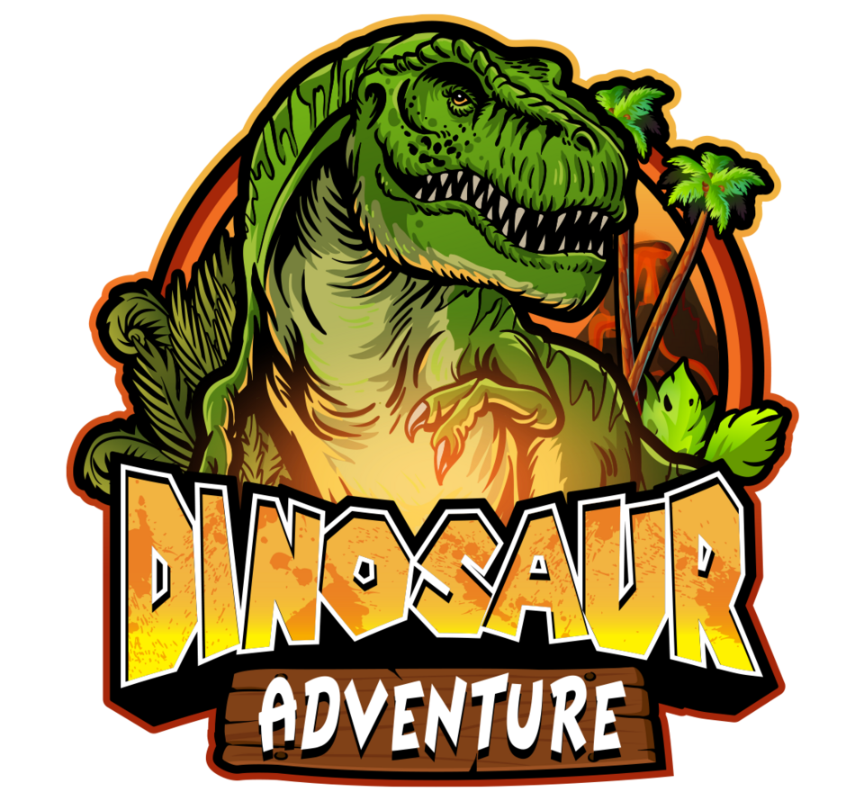 Green dinosaur logo with text "Dinosaur Adventure," tropical trees, and bright orange background.