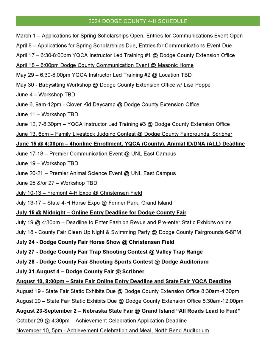 Dodge County 4-H 2024 Schedule