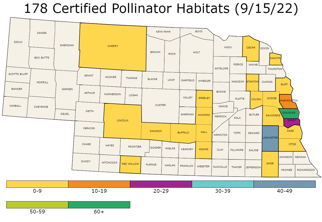 Map of Certified Pollinator Habitats in Nebraska by County