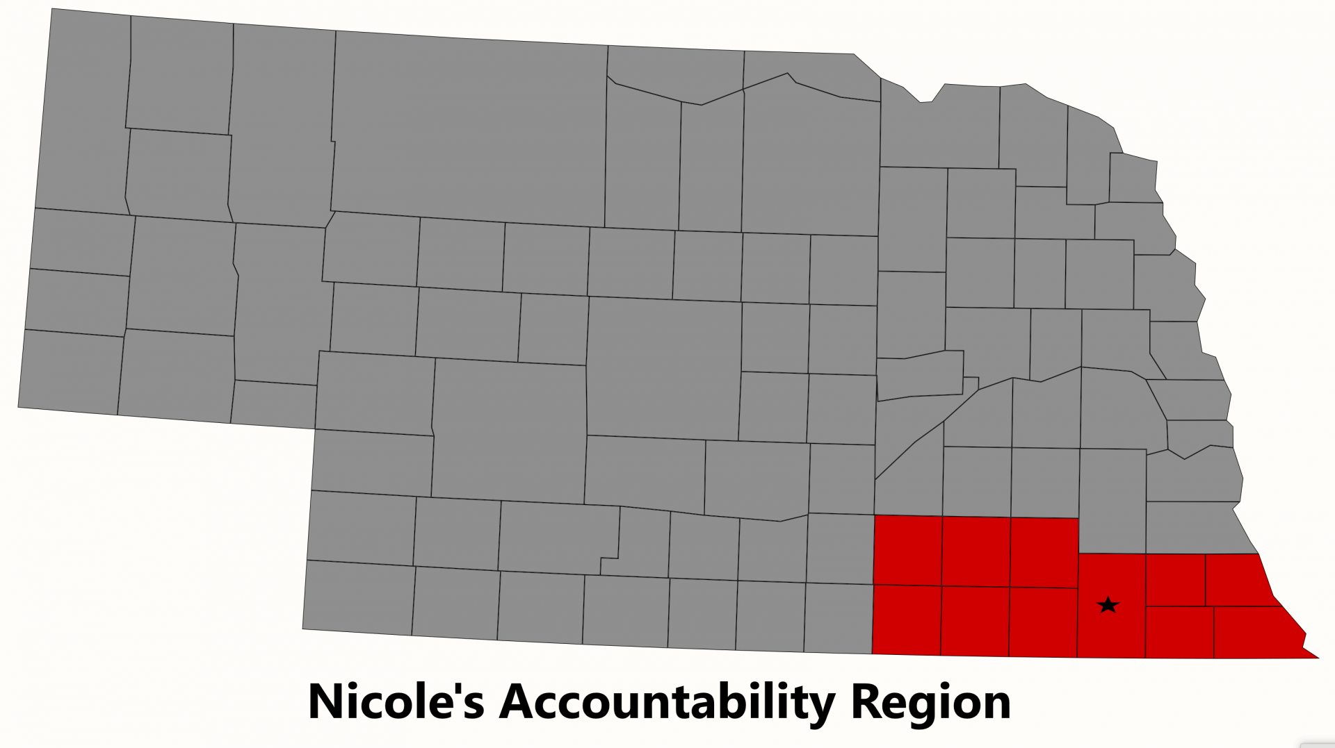 Map of Nicole's Accountability Region, including Richardson, Pawnee, Nemaha, Johnson, Gage, Jefferson, Saline, Thayer, Fillmore, Clay, and Nichols counties.