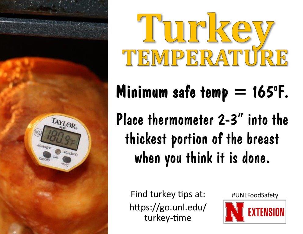 Minimum safe temperature for a cooked turkey is 165 degrees.
