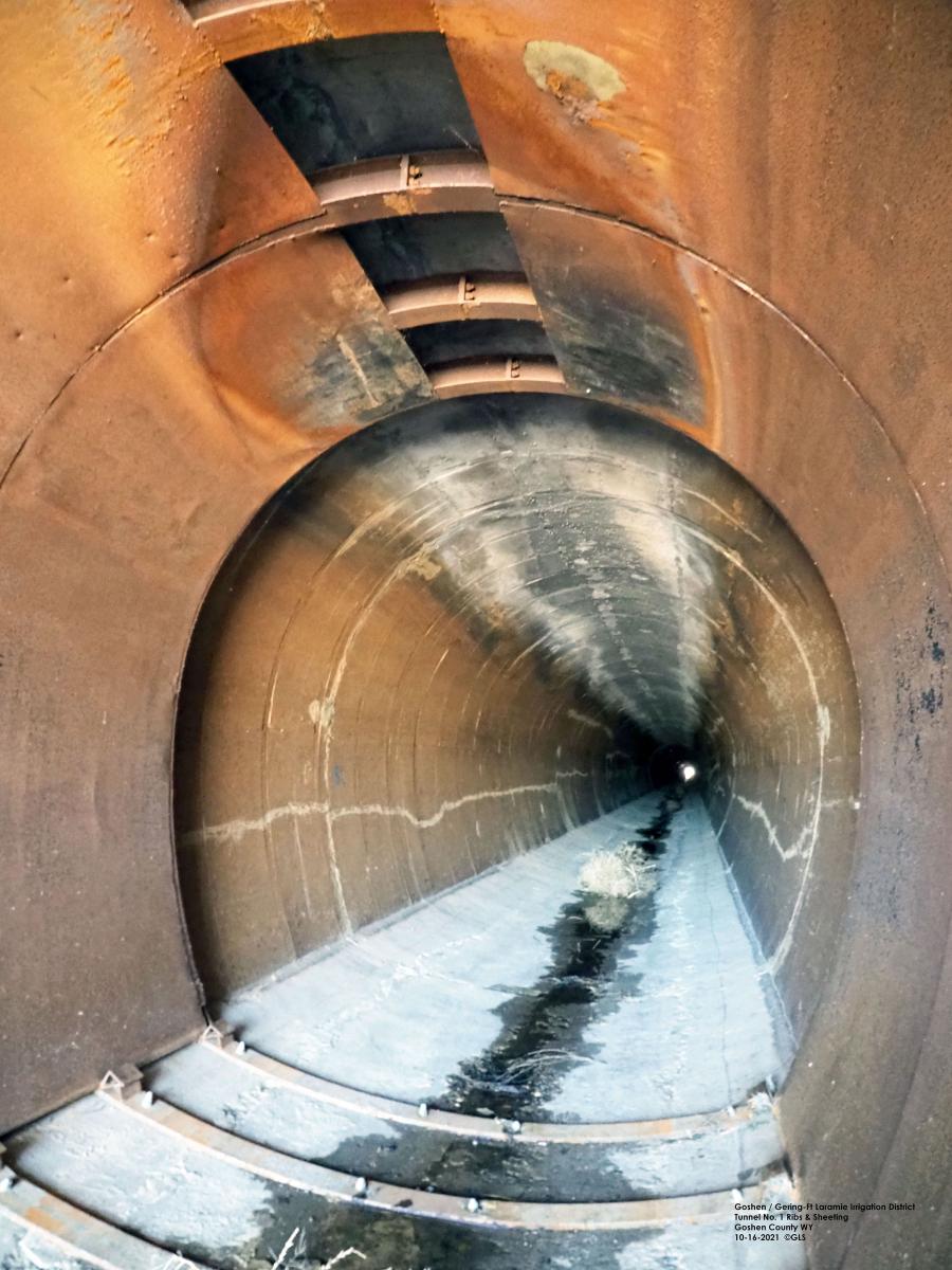Tunnel No. 1 showing the “ribs” for support and the metal sheeting installed to improve water flow and decrease water turbulence. 
